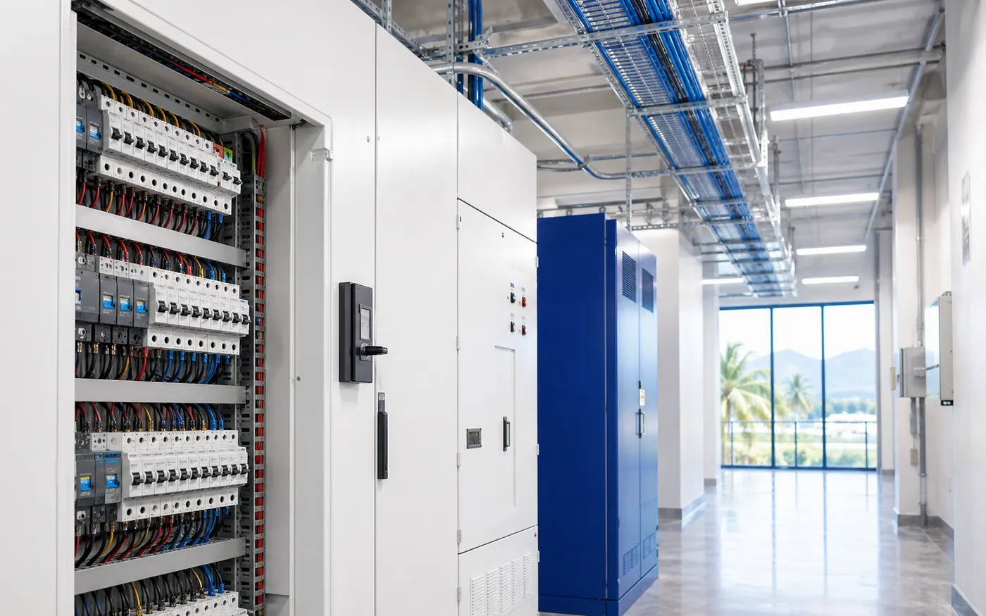 Commercial electrical contractor working on switchboard